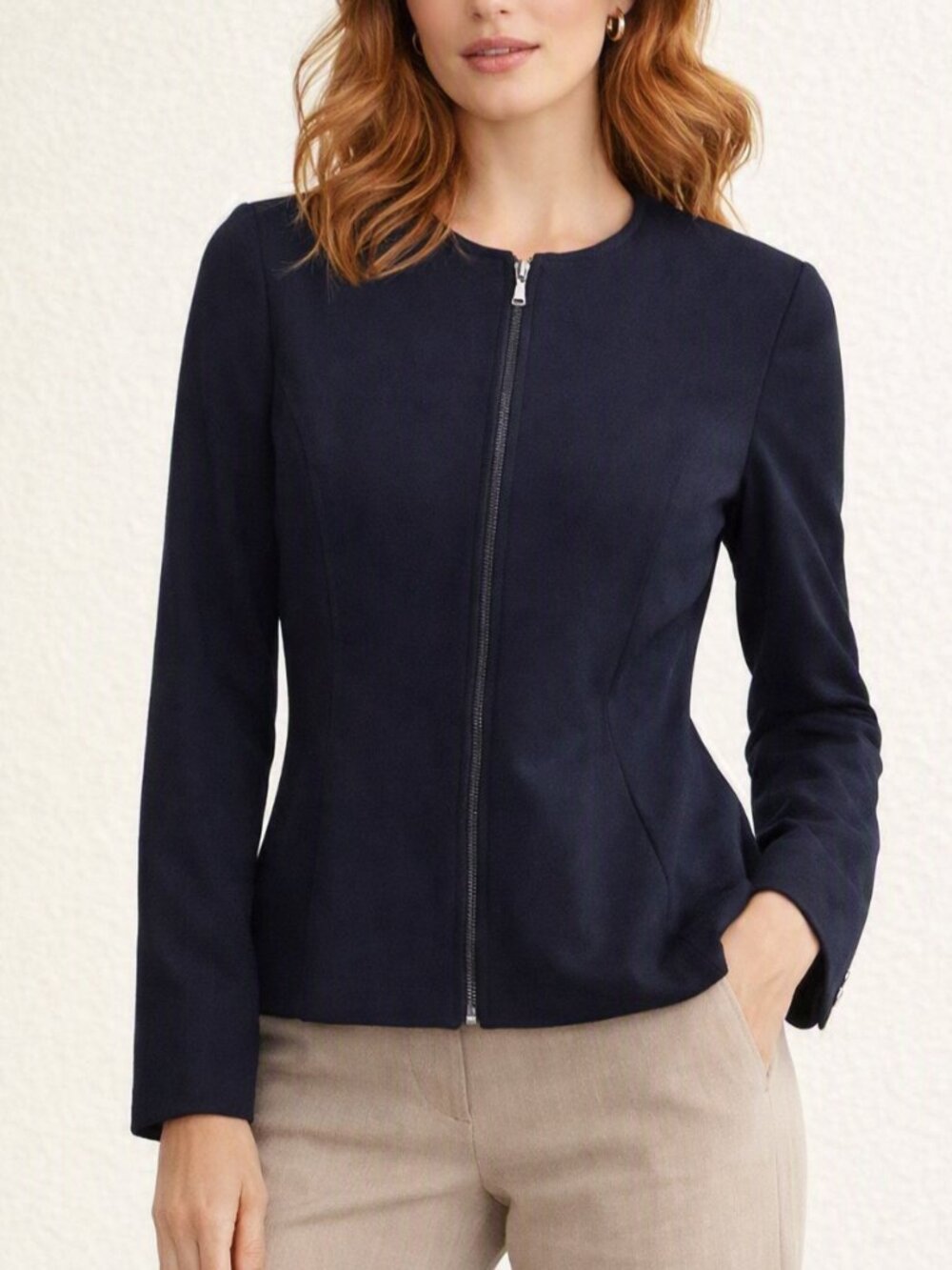 Navy Zip-Front Jacket | S/M | Quiet Luxury Minimalist Tailored Fully Lined